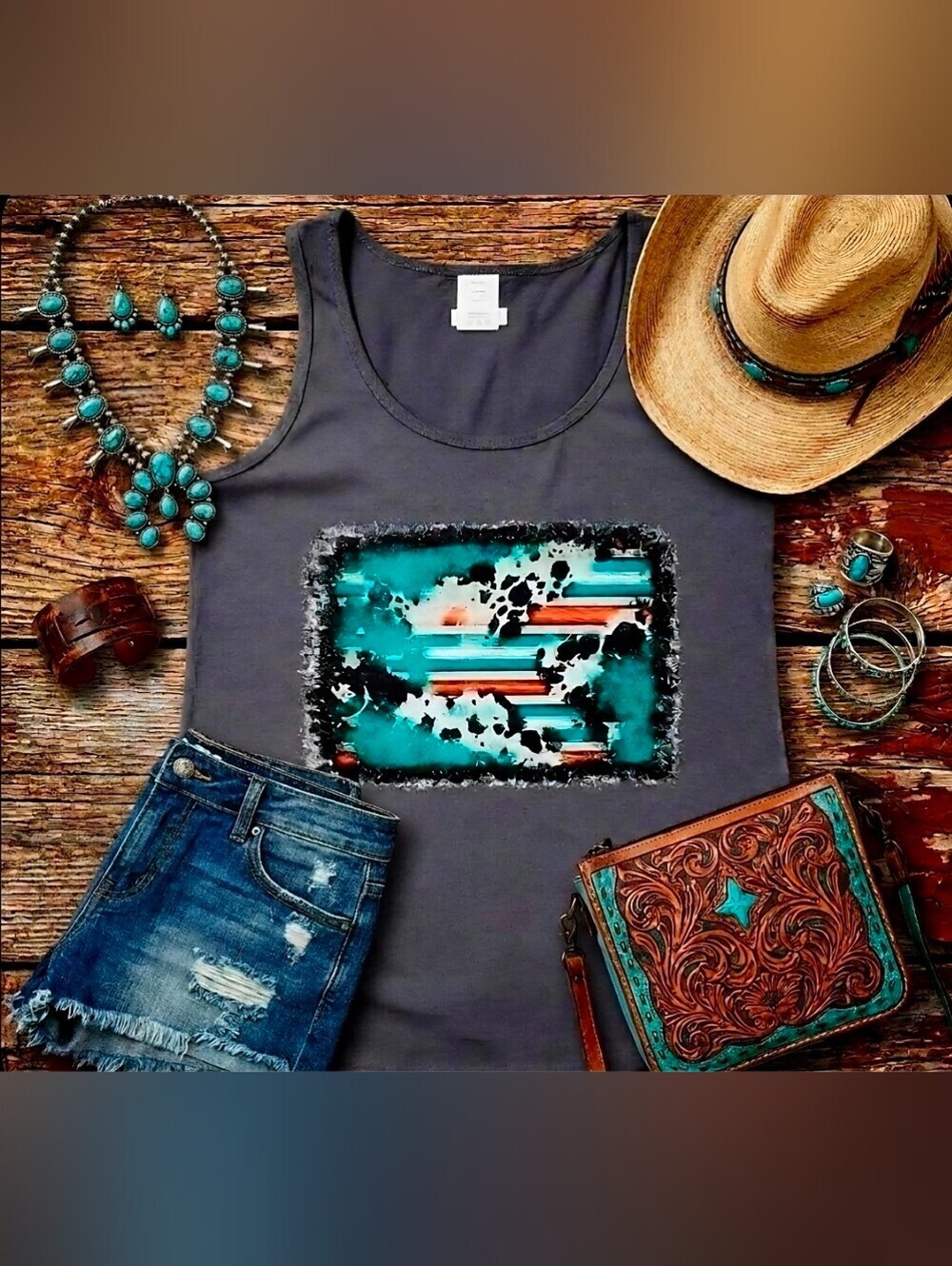 Distressed Turquoise Orange Western Tank | Abstract Southwestern Sleeveless Tee